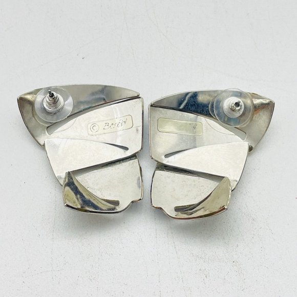 Berebi Signed Blue Enamel Triangle Earrings Textured Silver Tone Curved Zig Zag - Picture 2 of 11